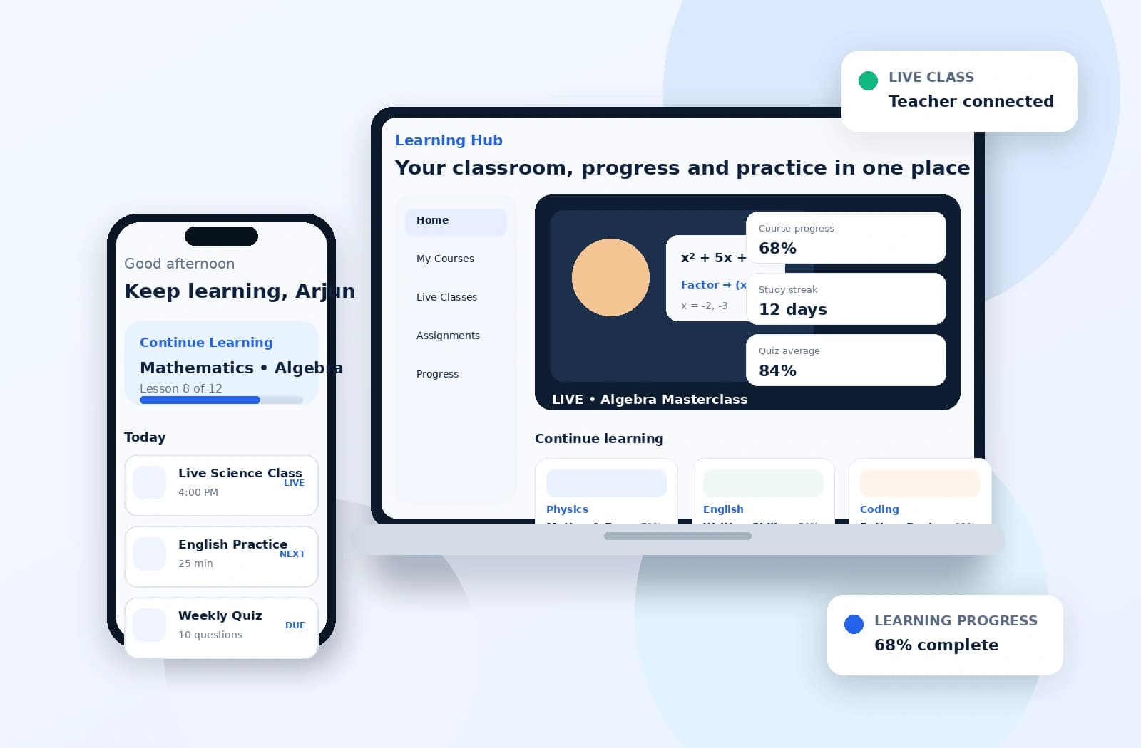 Custom education learning platform with student app, live learning and progress dashboard