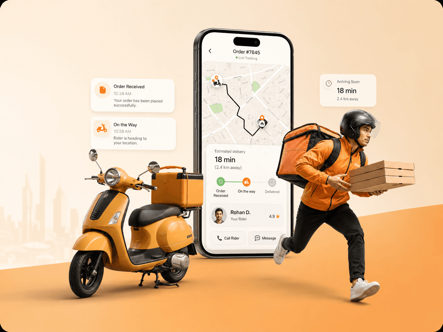 Food delivery tracking app with delivery scooter and rider