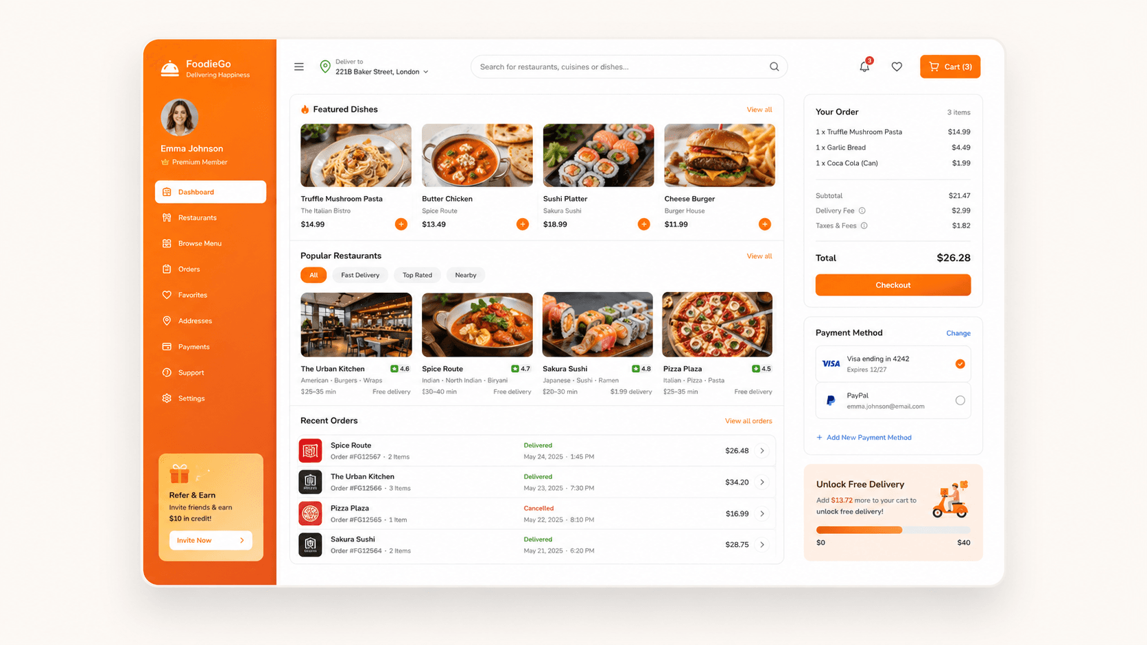 Premium customer food ordering dashboard with restaurants, cart, checkout and payment controls