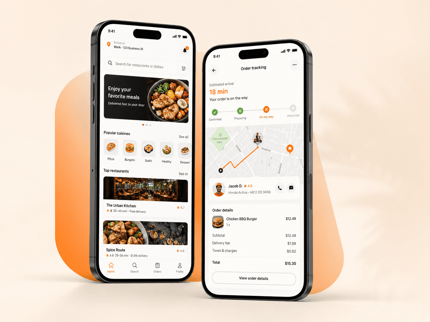Food delivery customer ordering and live order tracking mobile app screens