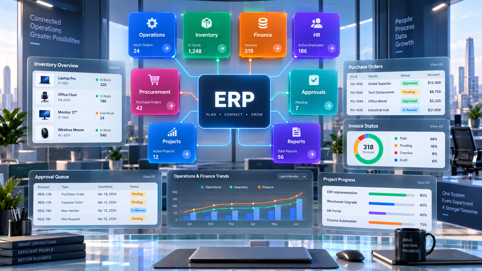 Premium 3D ERP software ecosystem connecting operations inventory finance HR procurement approvals projects and reports