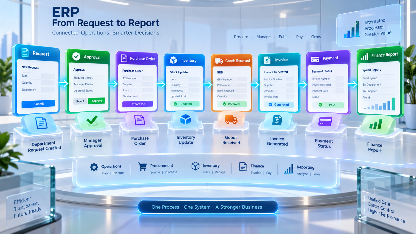 ERP workflow from department request approval purchase order inventory goods received invoice payment and finance report