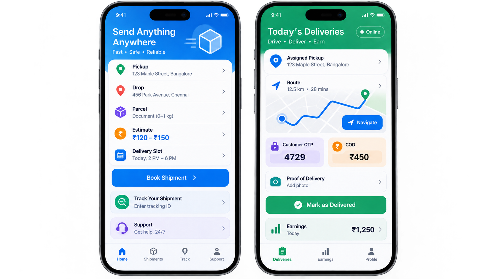 Logistics customer and driver app screens with pickup drop parcel estimate route OTP COD delivery proof and earnings