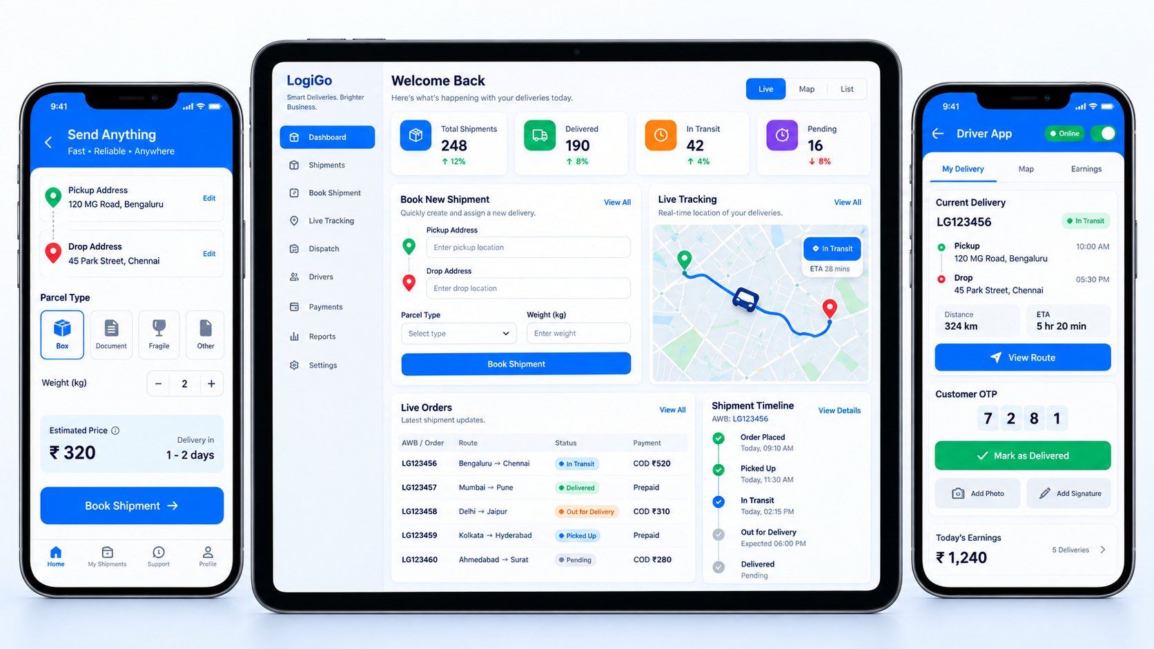 Premium logistics delivery app ecosystem with shipment booking live tracking driver route OTP delivery and COD workflow