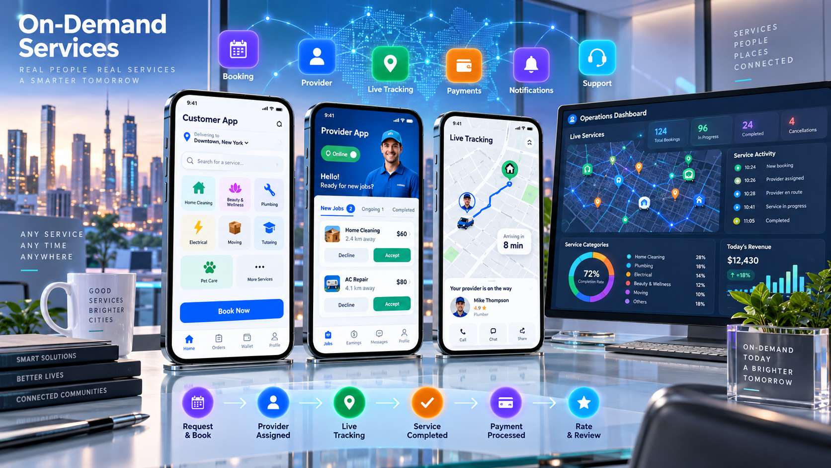 Premium 3D on-demand services app with customer provider live tracking payment and operations dashboard