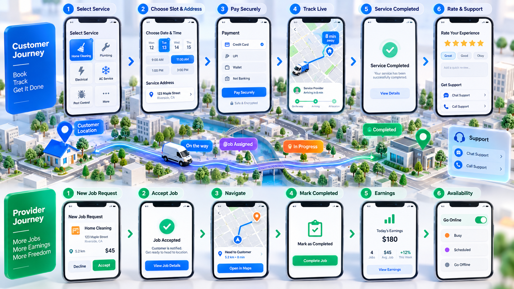 On-demand app customer and provider journey with booking assignment tracking payment completion and support