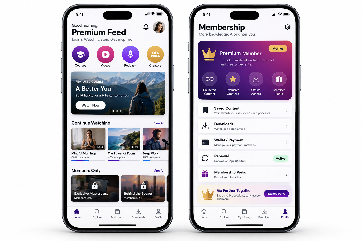 Subscription content mobile app screens with premium feed courses videos podcasts members only downloads and renewal