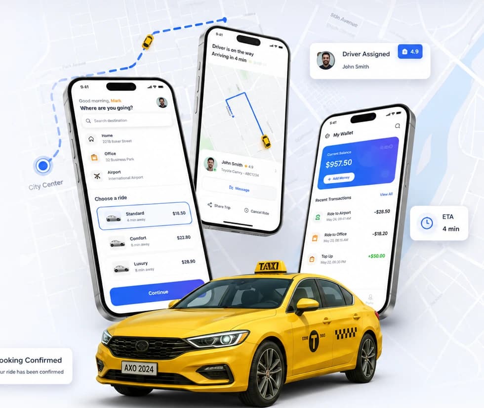 Taxi booking platform with rider, driver and wallet app screens