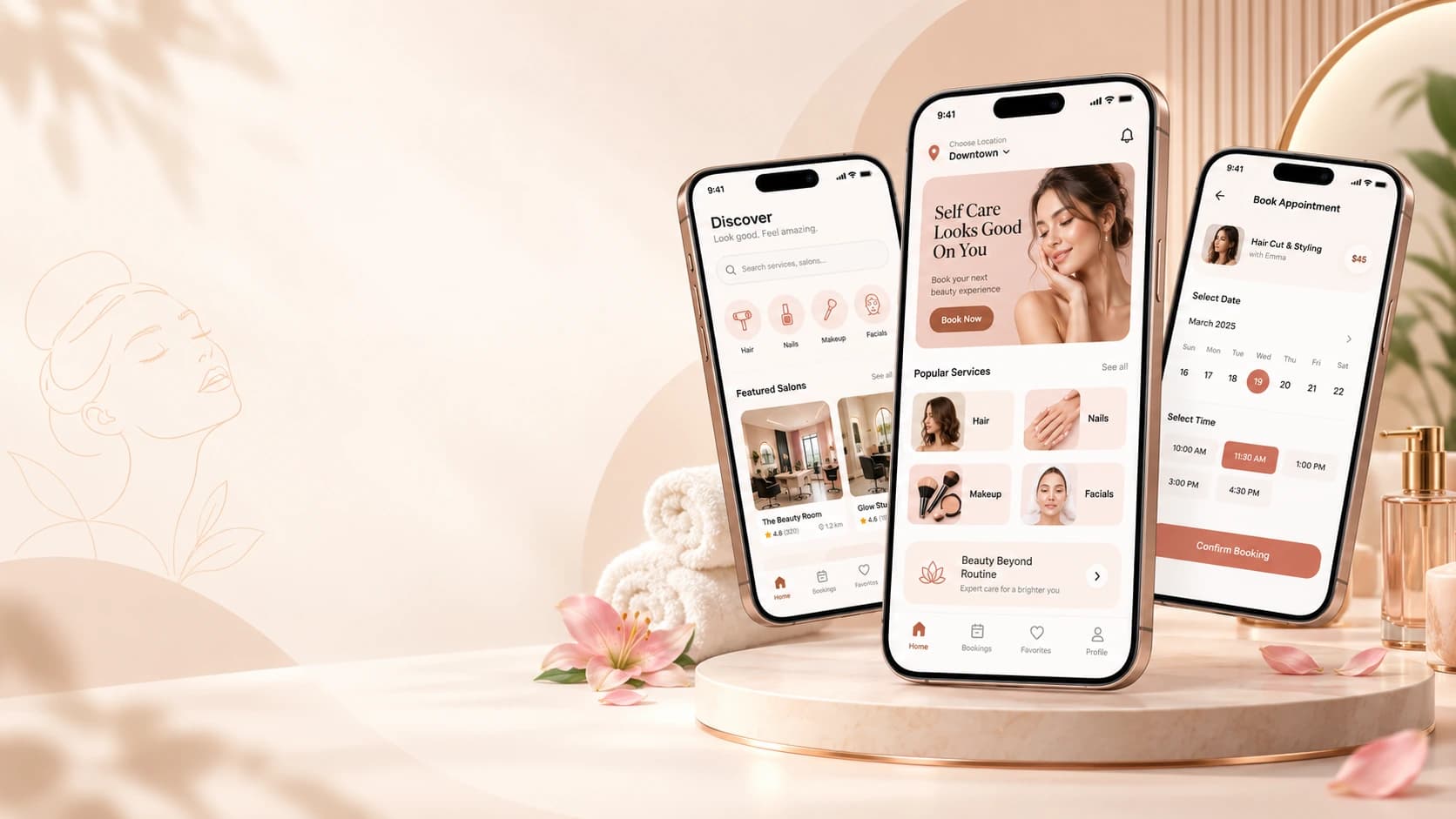 Premium beauty booking app screens for salon discovery and appointment scheduling