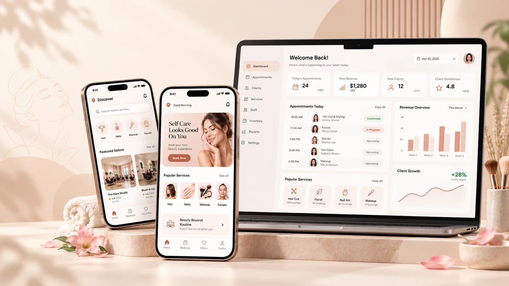 Beauty booking mobile apps connected to a salon operations dashboard