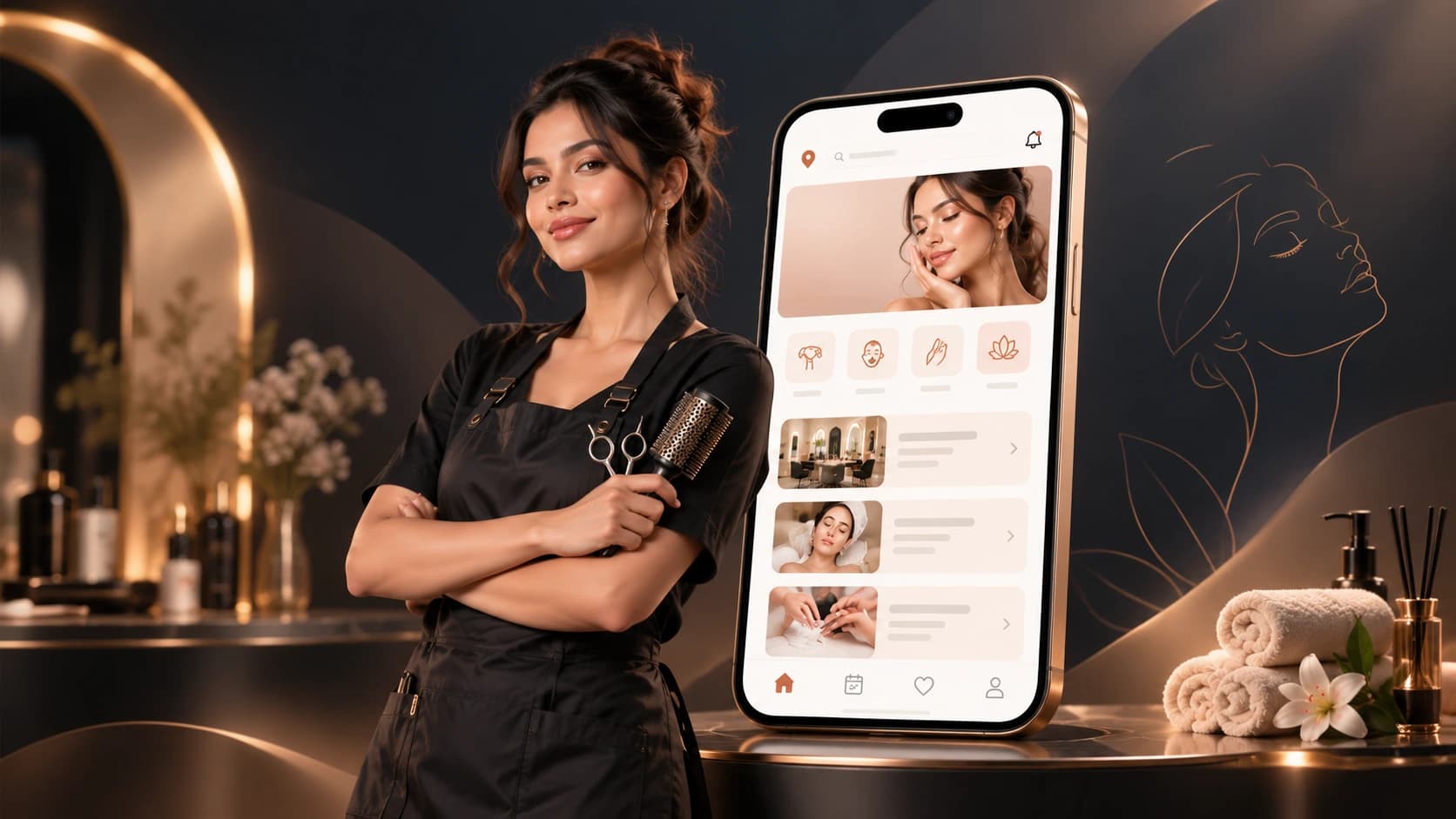 Premium beauty professional beside a salon service booking mobile interface