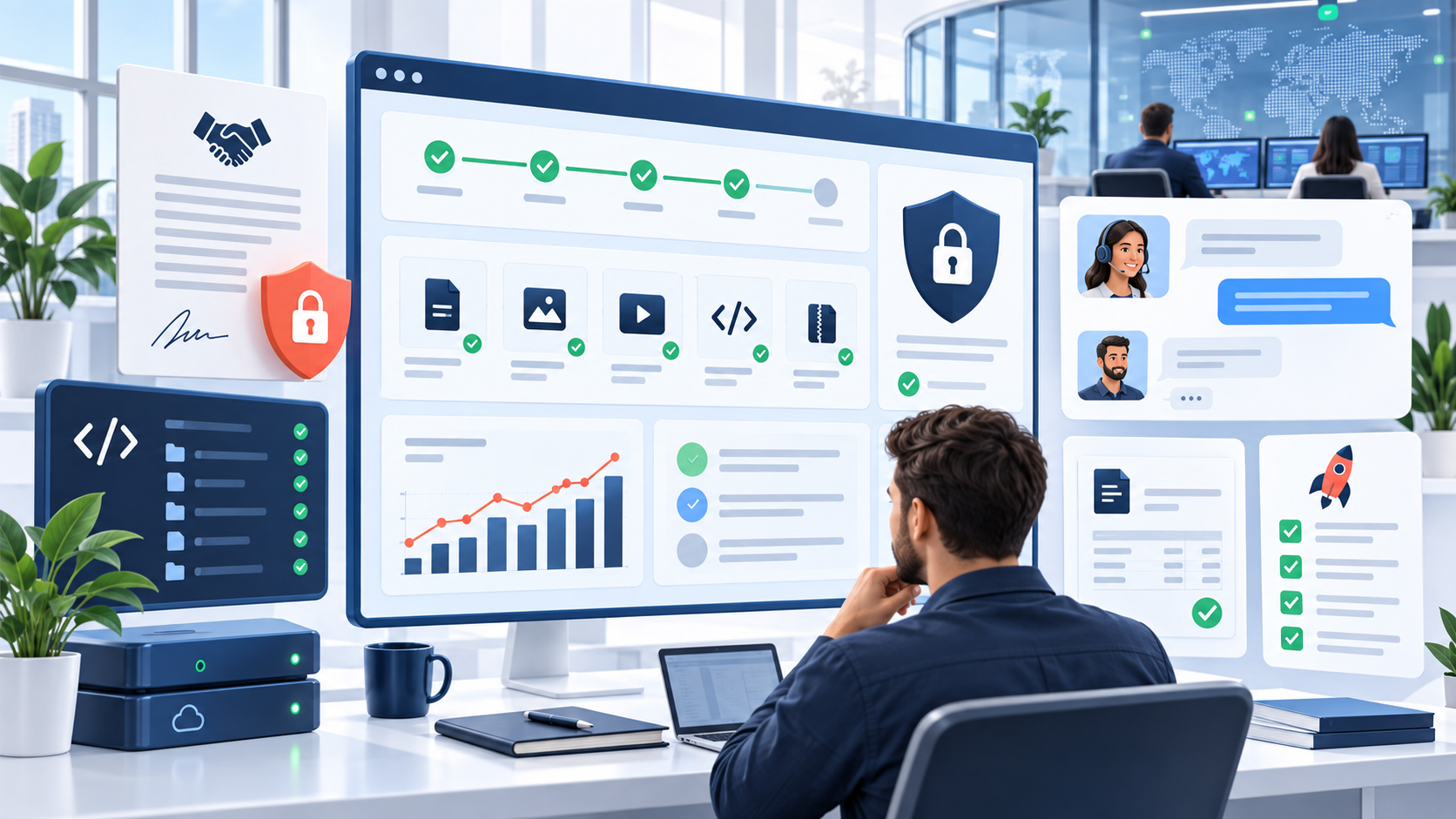 Secure software delivery portal with milestones, source code ownership, support and launch controls
