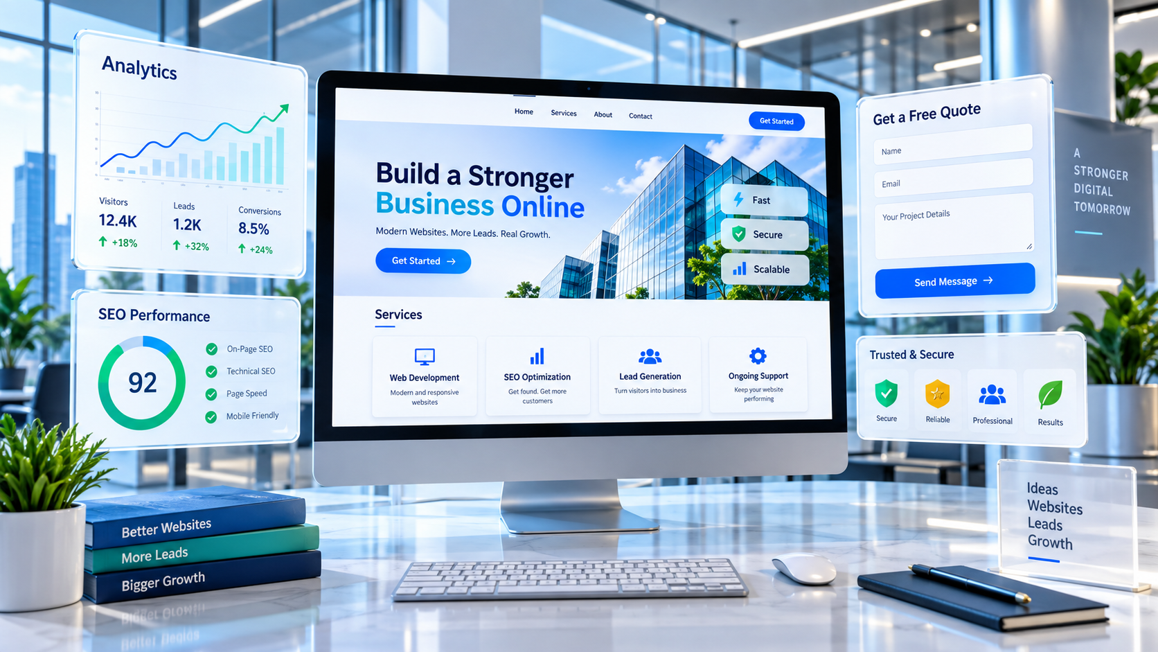 Premium 3D business website homepage with lead generation and analytics panels
