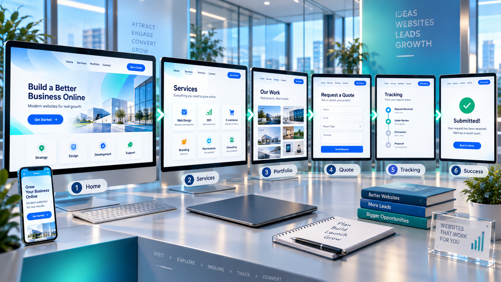 Business website user journey screens from homepage to quote request and success