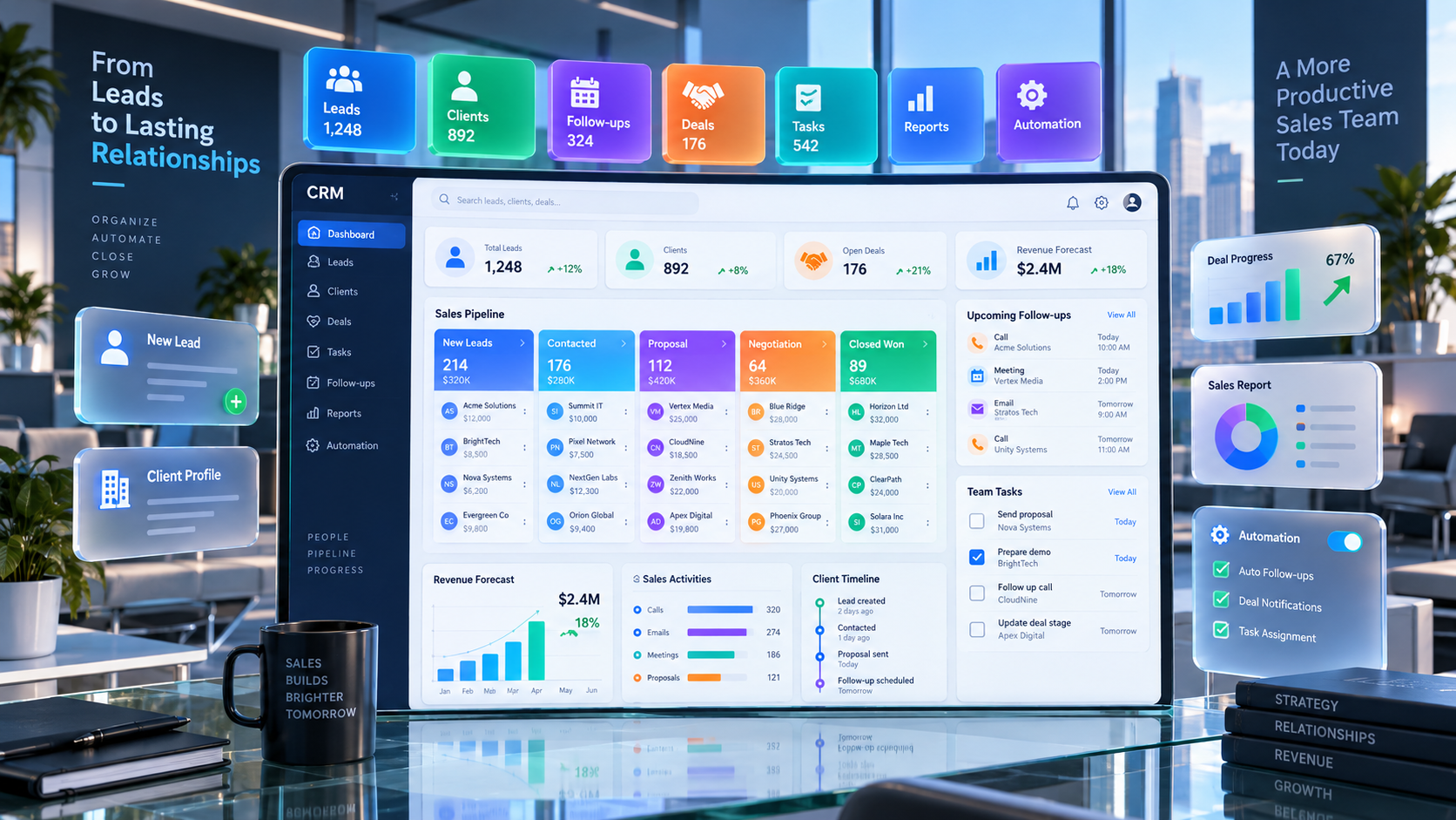 Premium 3D CRM software with lead pipeline clients follow-ups deals tasks reports and automation