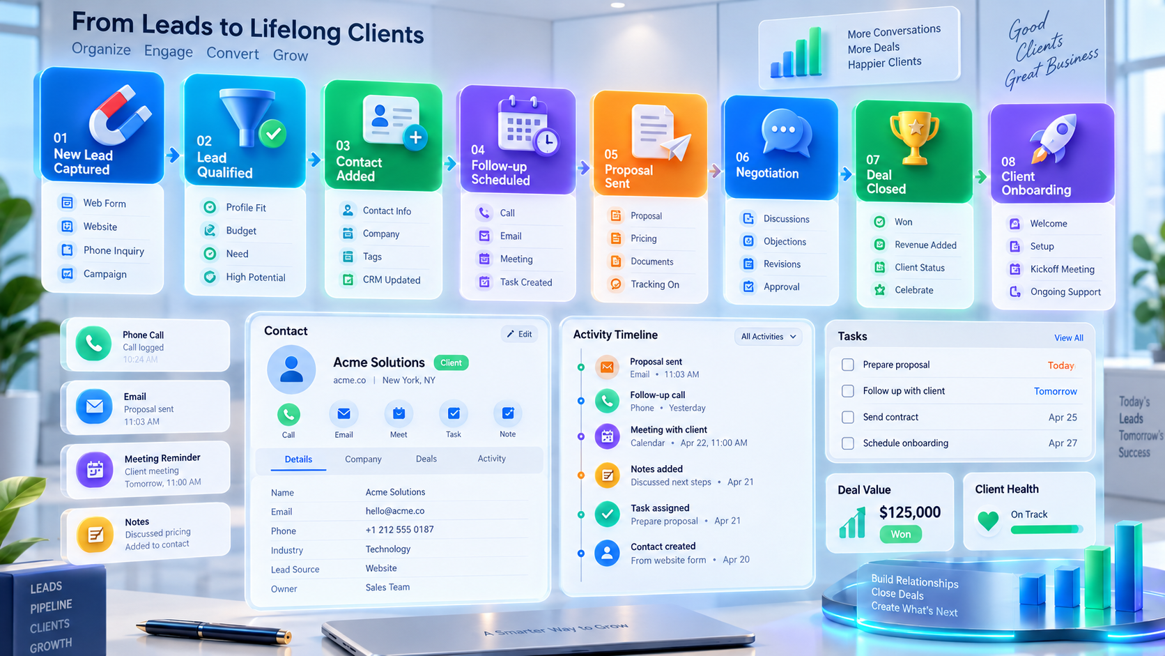 CRM lead workflow from new lead capture qualification contact follow-up proposal negotiation deal close and onboarding