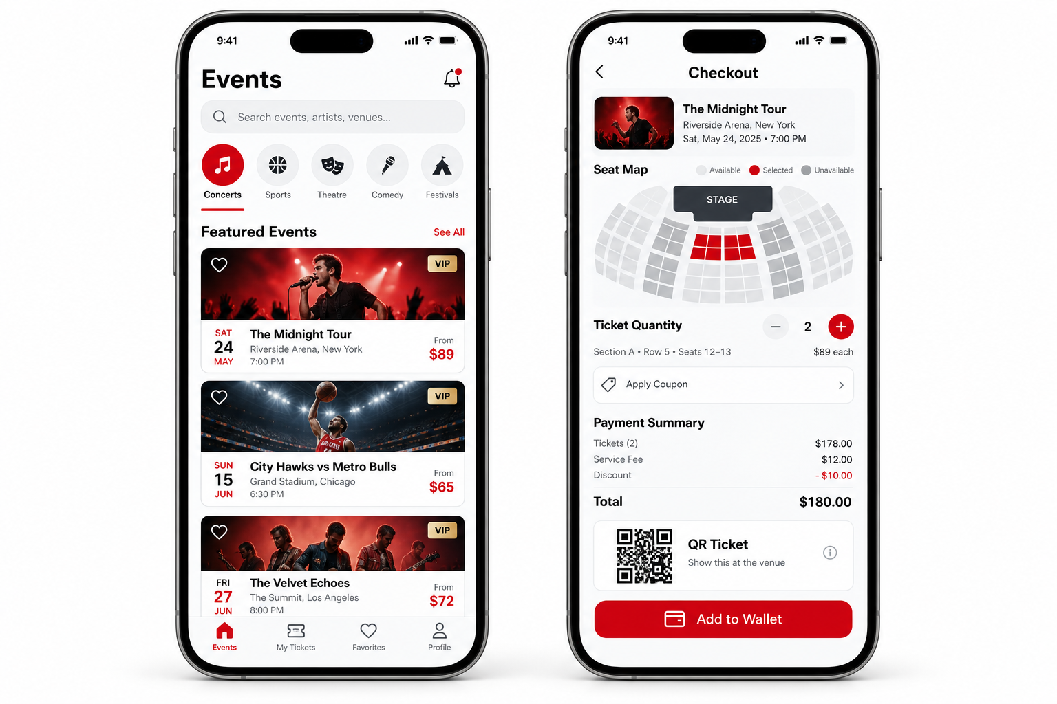 Event ticket booking mobile app screens with event discovery seat selection checkout QR ticket and wallet