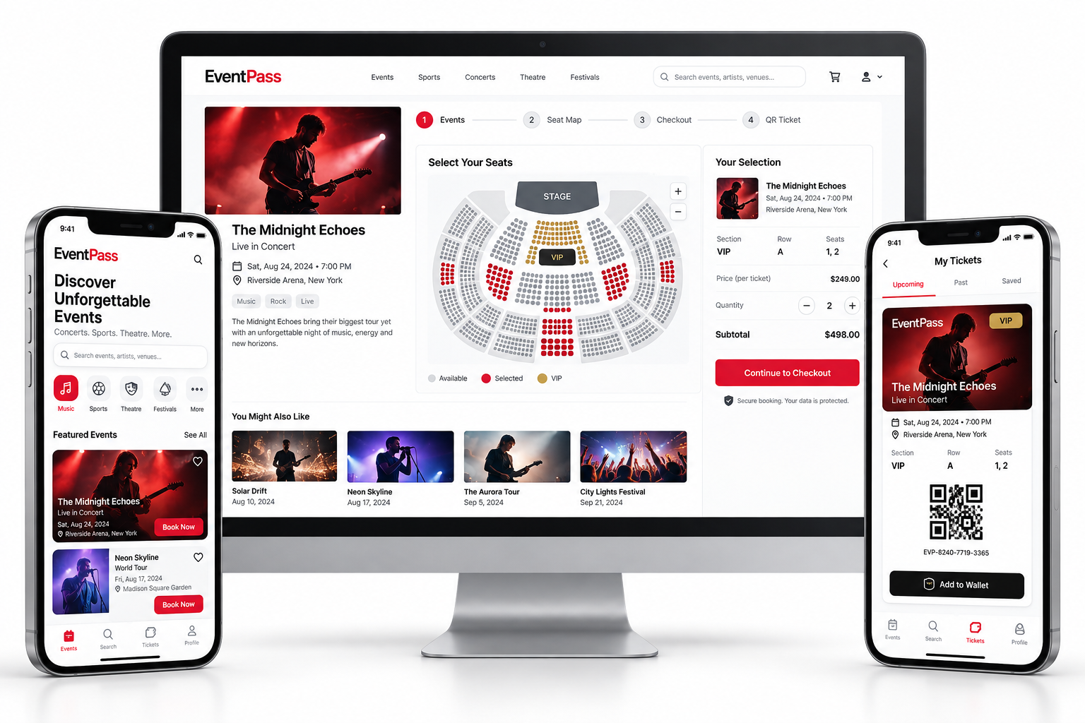 Premium event ticket booking website and app with event discovery seat map checkout QR ticket and wallet