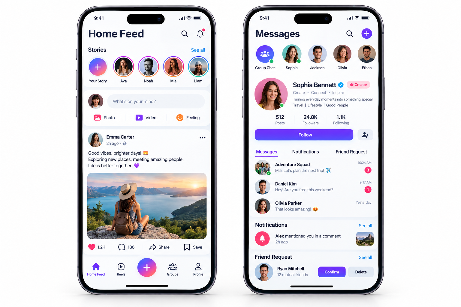 Social networking mobile screens with home feed stories reels groups messages profile follow friend request and notifications