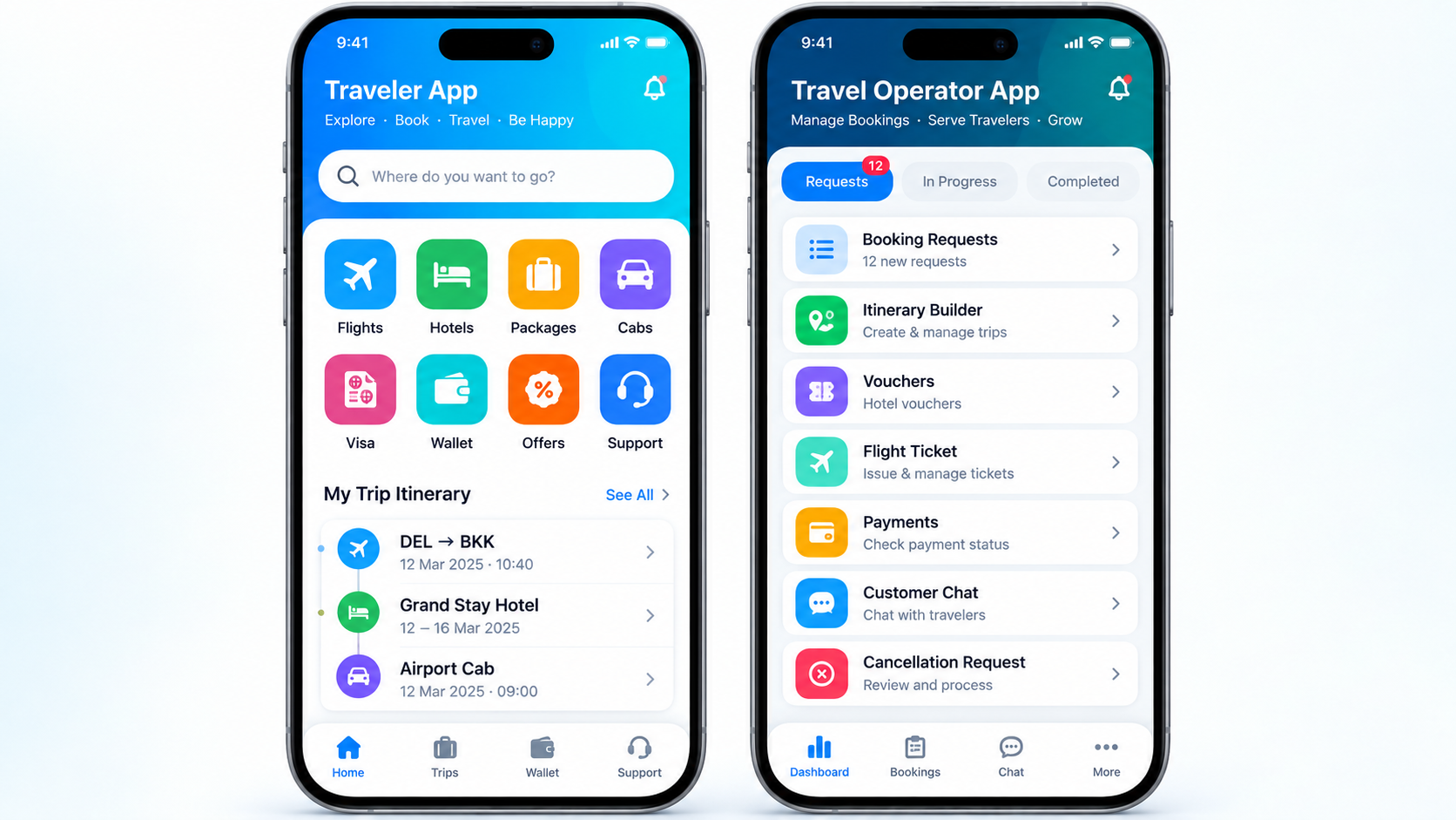 Travel booking traveler and operator app screens with itinerary vouchers tickets payments customer chat and cancellations