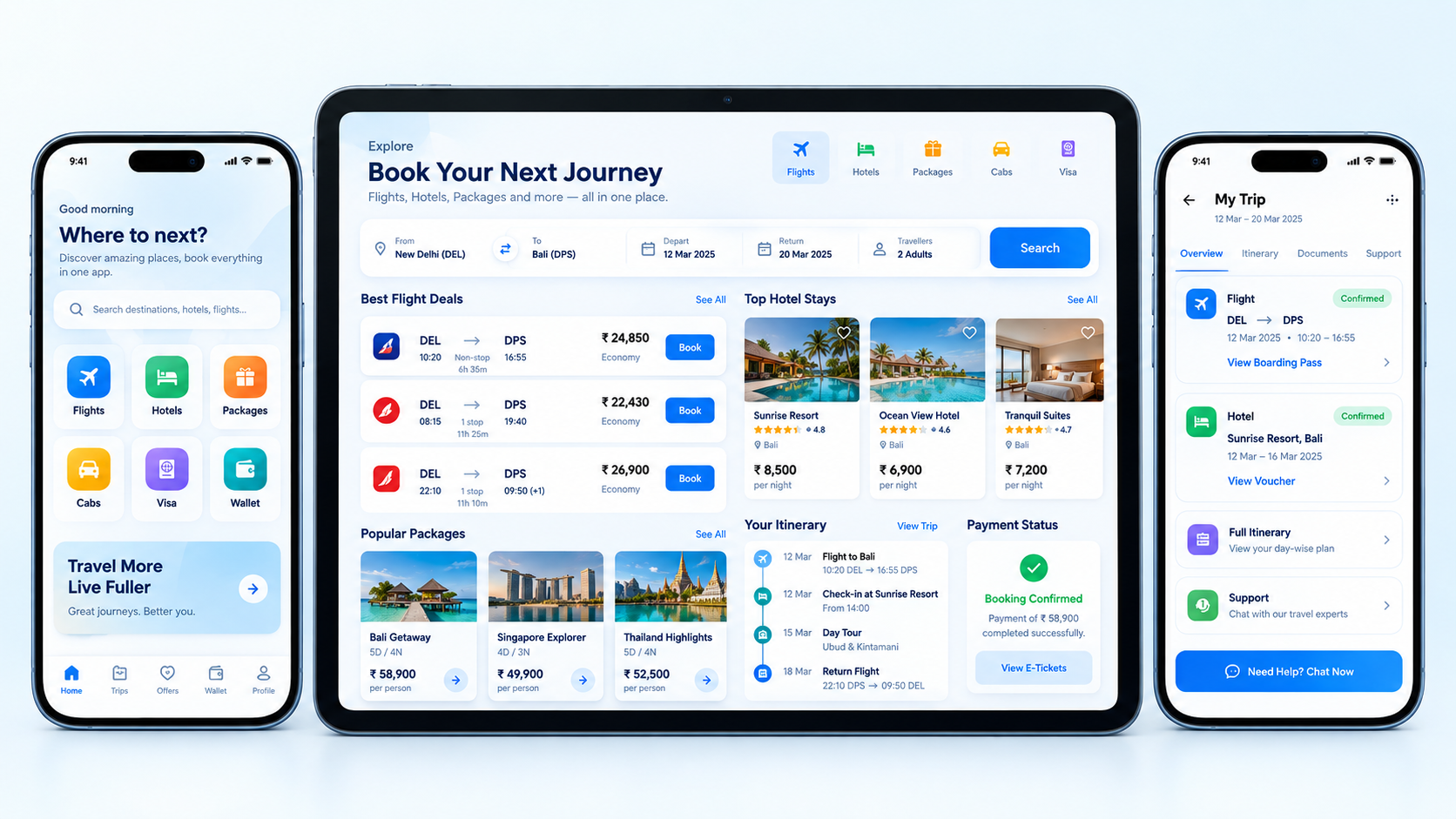 Premium travel booking app ecosystem with flights hotels packages cabs visa itinerary wallet and support screens