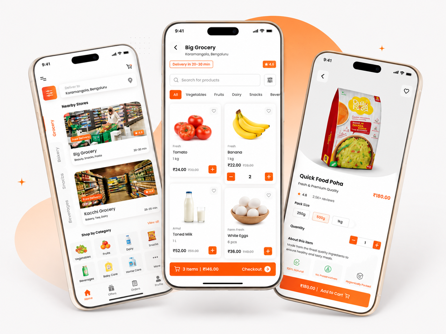 Grocery app screens for store discovery, product browsing and checkout