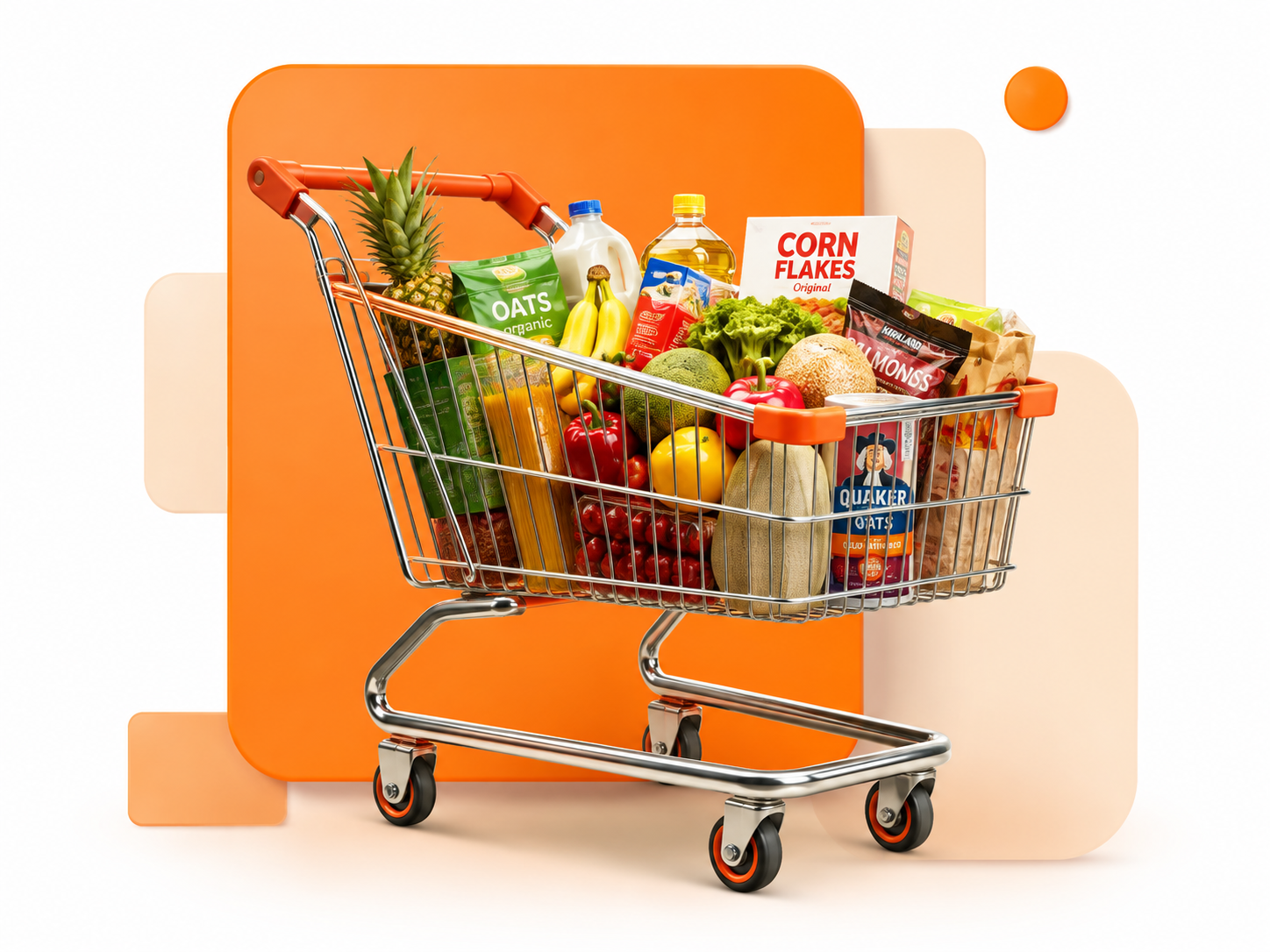 Shopping cart filled with grocery products