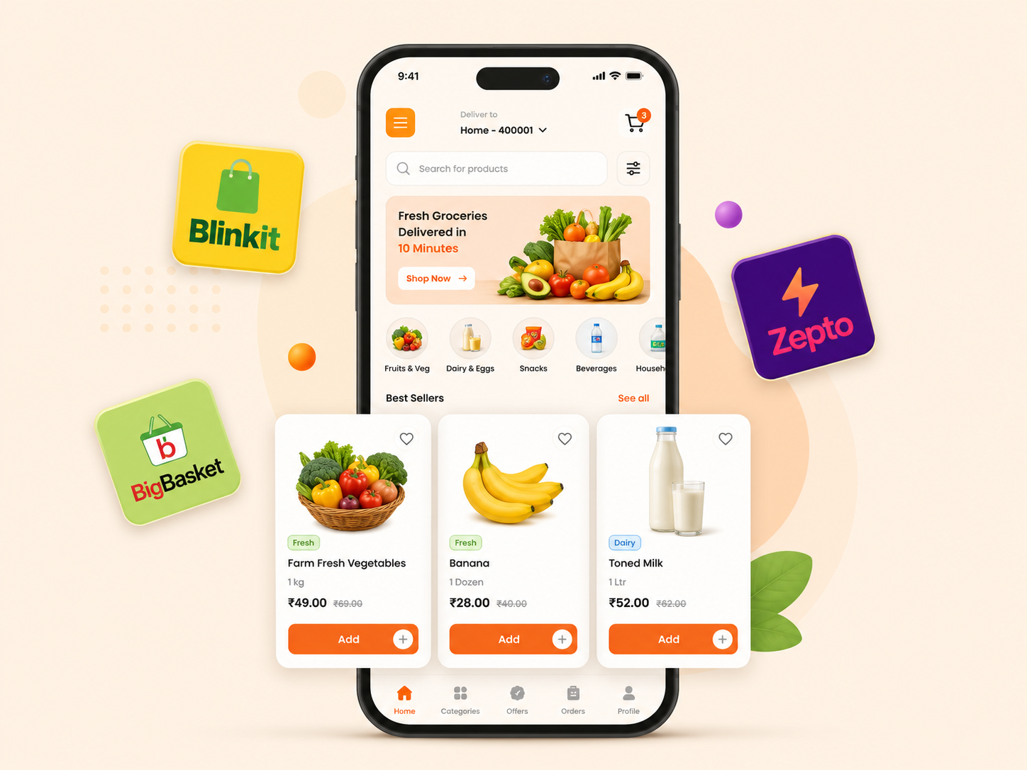 Quick commerce grocery app with product cards and modern mobile UI